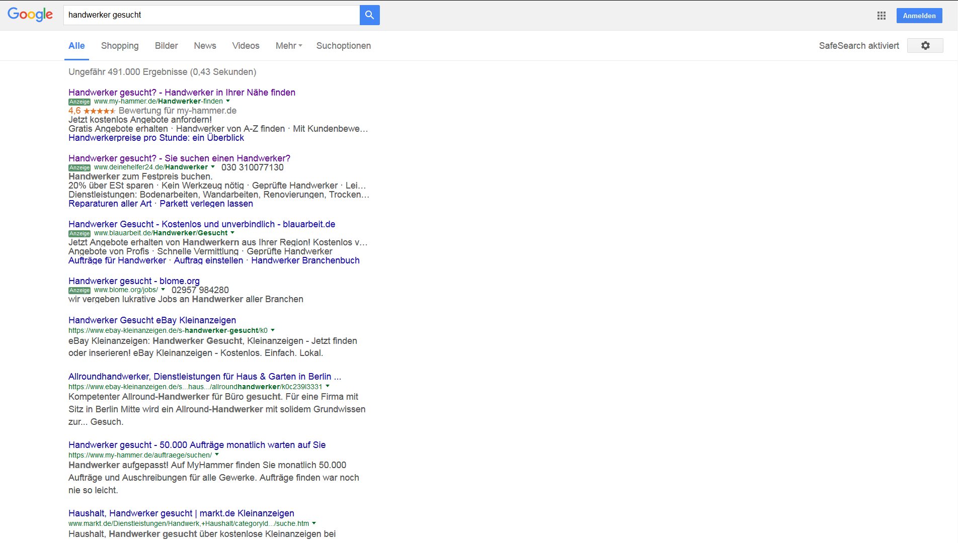 Google-Suche (Browseransicht): „Handwerker gesucht“
