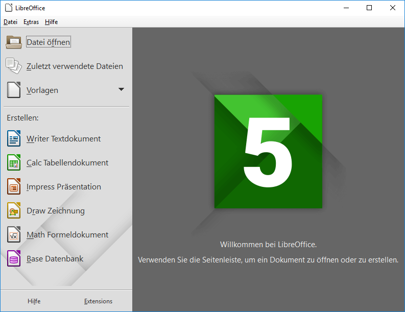 Startbildschirm von LibreOffice unter Windows 10
