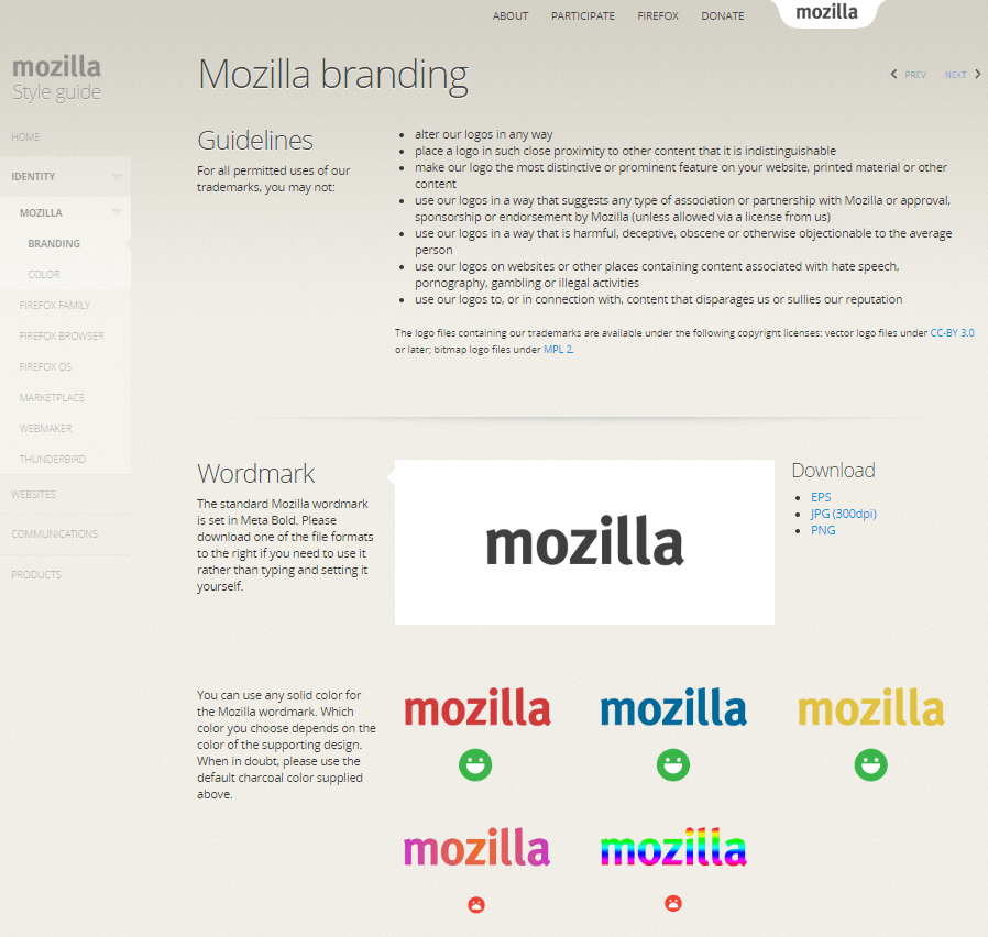 Screenshot des Mozilla-Styleguides mit Richtlinien zum Branding und zur Wortmarke