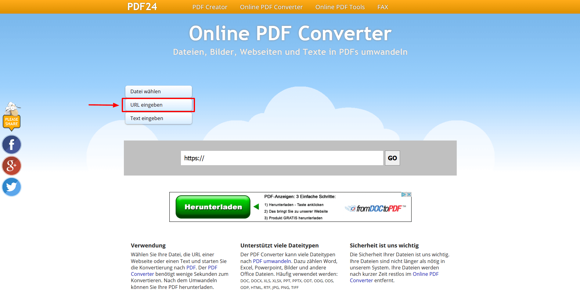 Benutzeroberfläche des Online PDF Converters von PDF24