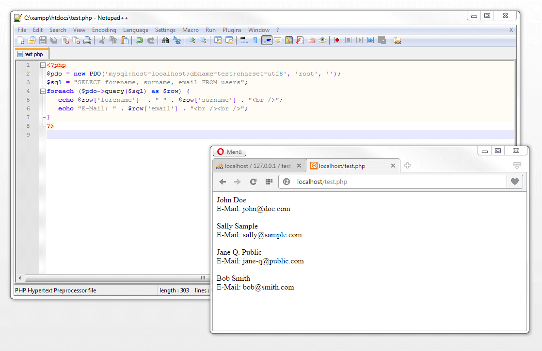 PHP-Skript mit SQL-Statement SELECT in Notepad++ und Browserausgabe via localhost