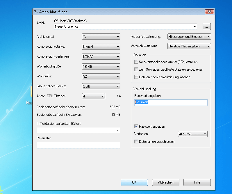 Screenshot der Eingabemaske von 7-Zip unter Windows