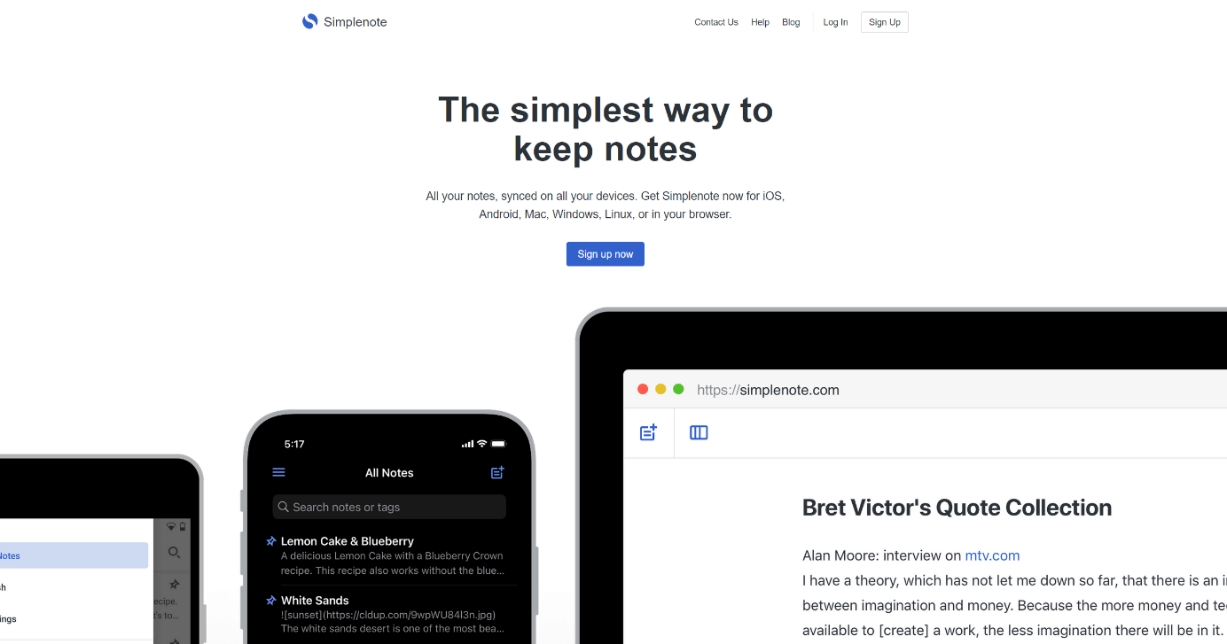 Startseite von Simplenote