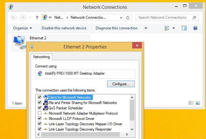 Windows-8-Fenster zu den Eigenschaften der ausgewählten Netzwerkverbindung