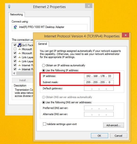 Windows-8-Menü zum Internetprotokoll IPv4 – manuelle Adressvergabe