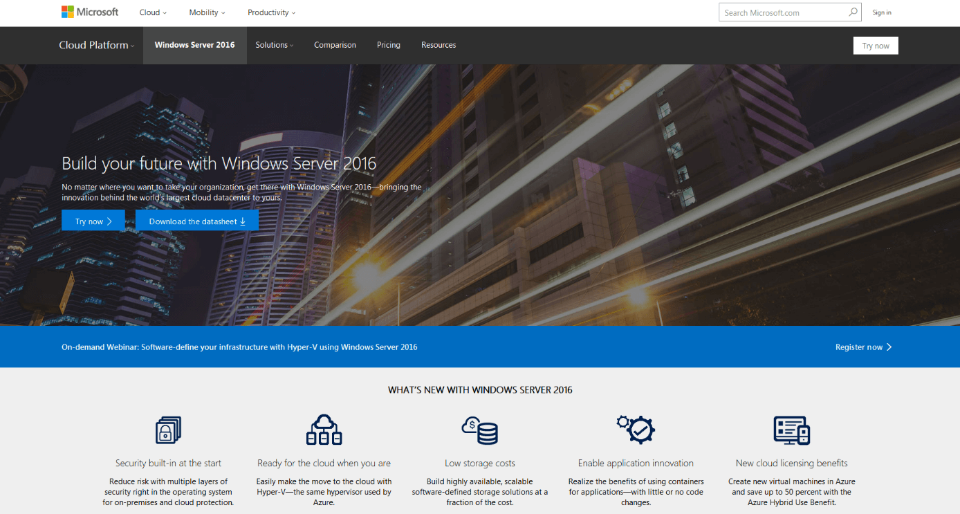 Die Produktseite von Microsofts Windows Server 2016