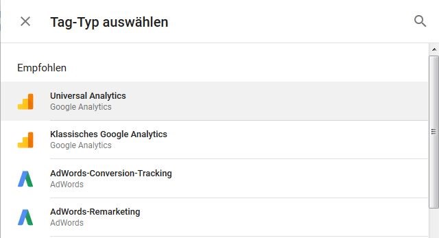 Auswahl des Tag-Typs in Google Tag Manager