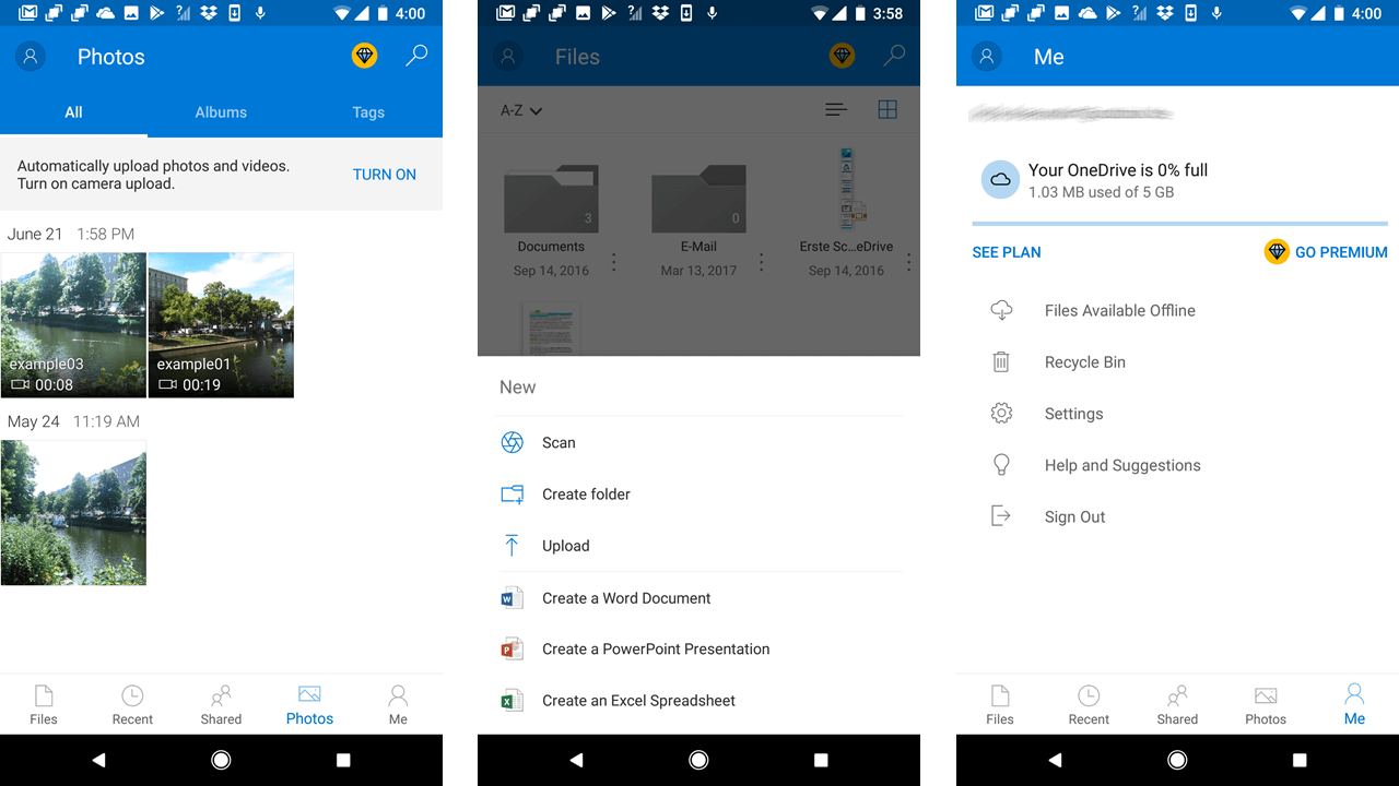 Screenshots aus Microsoft OneDrive