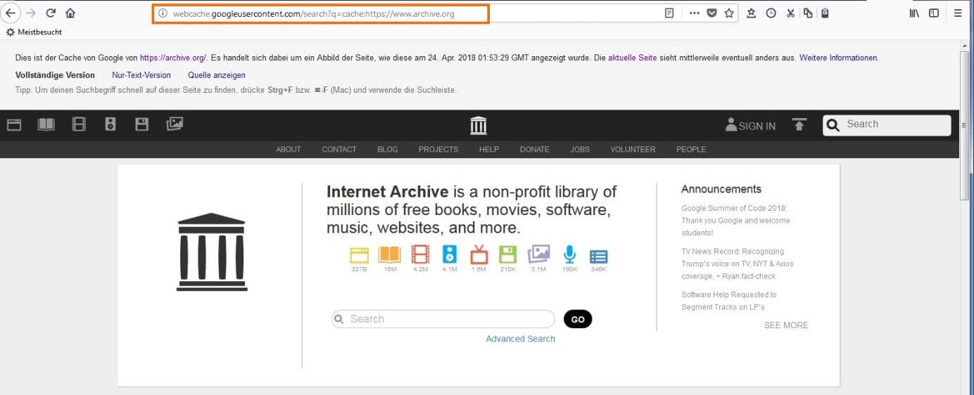 Google-Snapshot der Domain archive.org