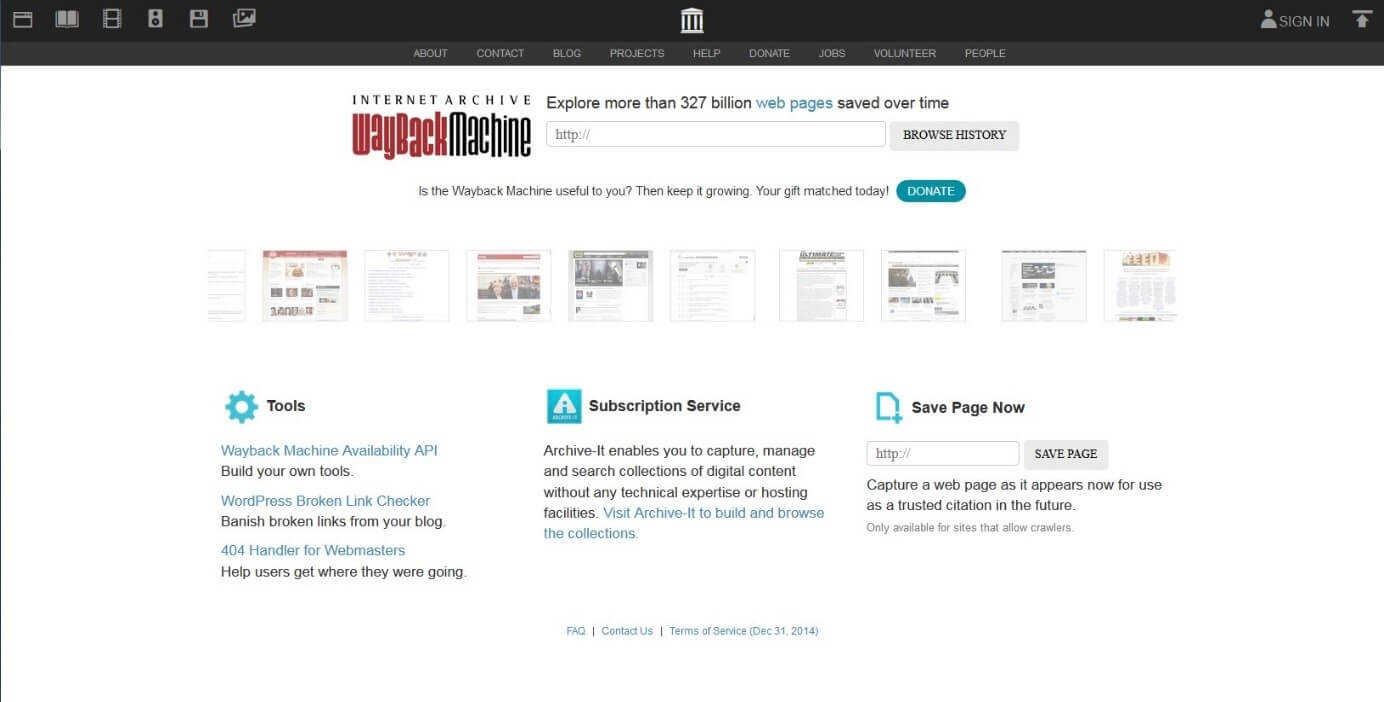 Startseite der Wayback Machine mit Eingabefeld, Tools, wissenschaftlichem Service und Snapshot-Tool