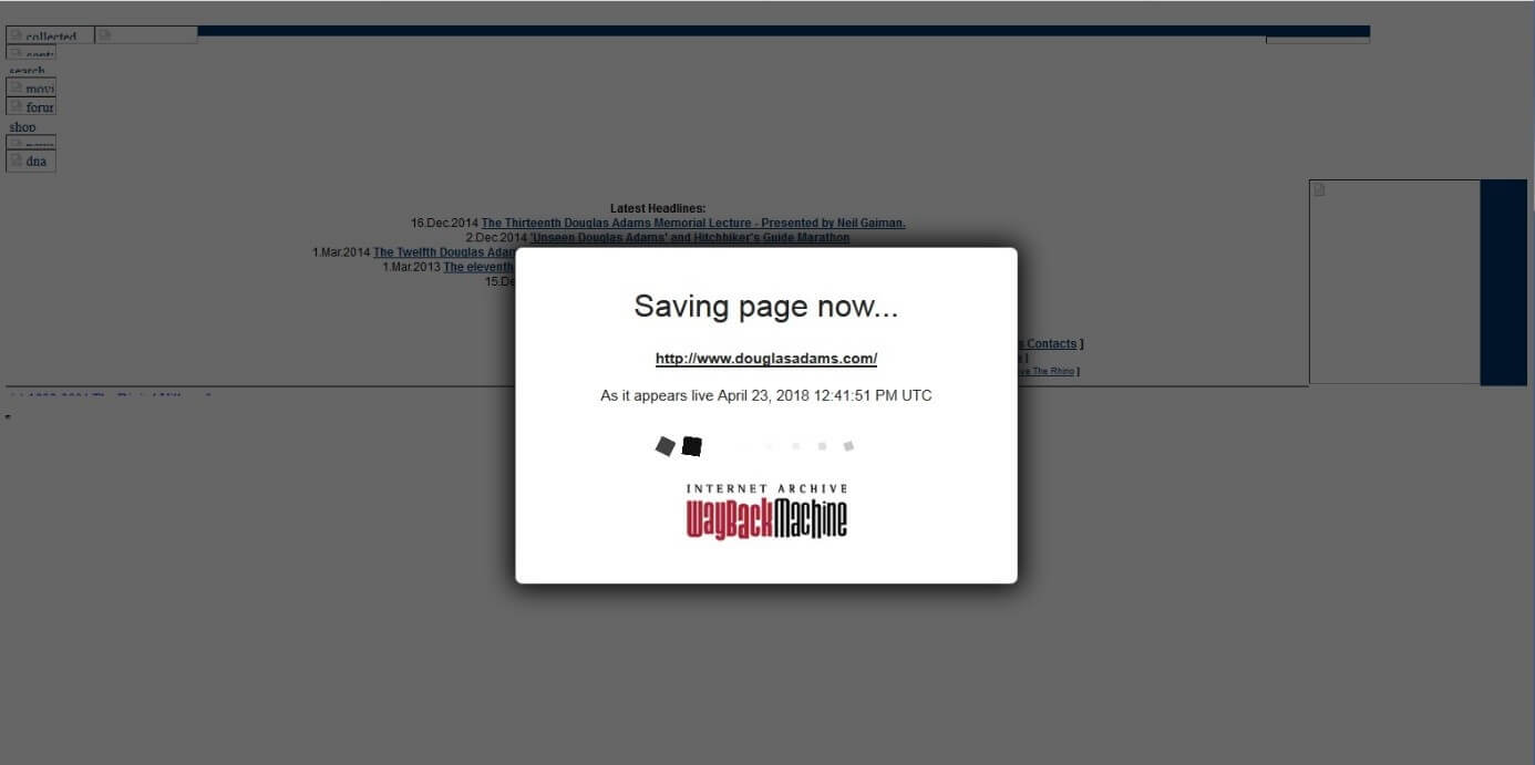 Wayback-Machine-Pop-up mit Text „Saving page now…“, URL und Timestamp