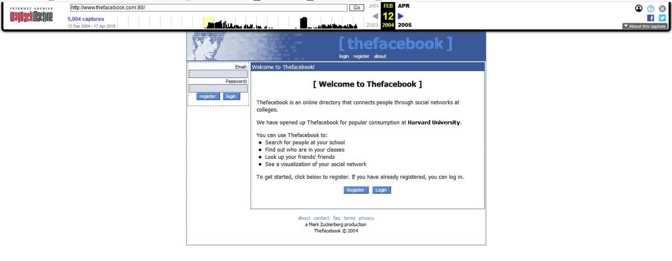 Thefacebook-Log-in-Seite vom 12. Februar 2004 in der Wayback Machine