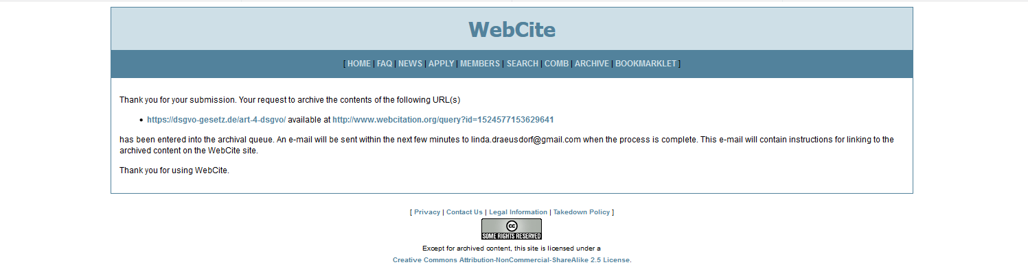 WebCite-Meldung, dass die Quelle in die Archiv-Warteschlange aufgenommen wurde