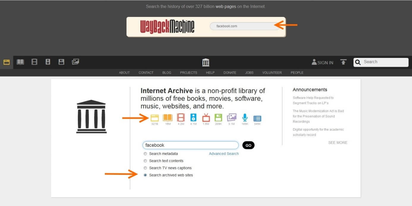 Homepage von archive.org mit drei orangen Pfeilen, die auf die unterschiedlichen Optionen hinweisen, über die man alte Webseiten suchen kann