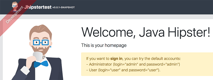 JHipster-Startseite „Welcome, Java Hipster!“