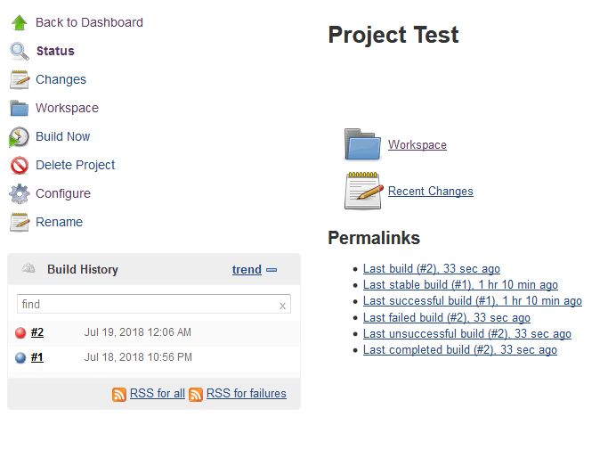 Status-Seite eines Projekts in Jenkins