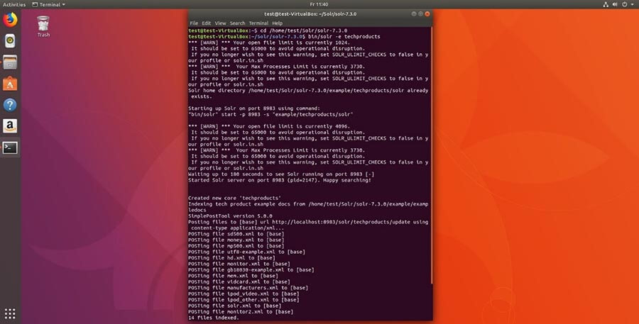 Kommandozeile unter Ubuntu 17. "bin/solr –e techproducts" startet eine Demo mit vorgegebenen Daten und Konfigurationen
