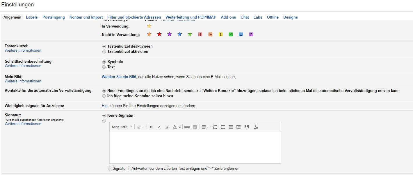 Ausschnitt eines Screenshots der allgemeinen Einstellungen von Gmail, auf dem die Signatur-Optionen zu sehen sind