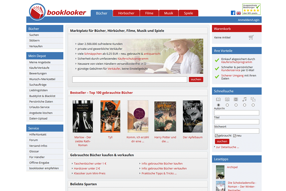 Screenshot der Startseite von Booklooker