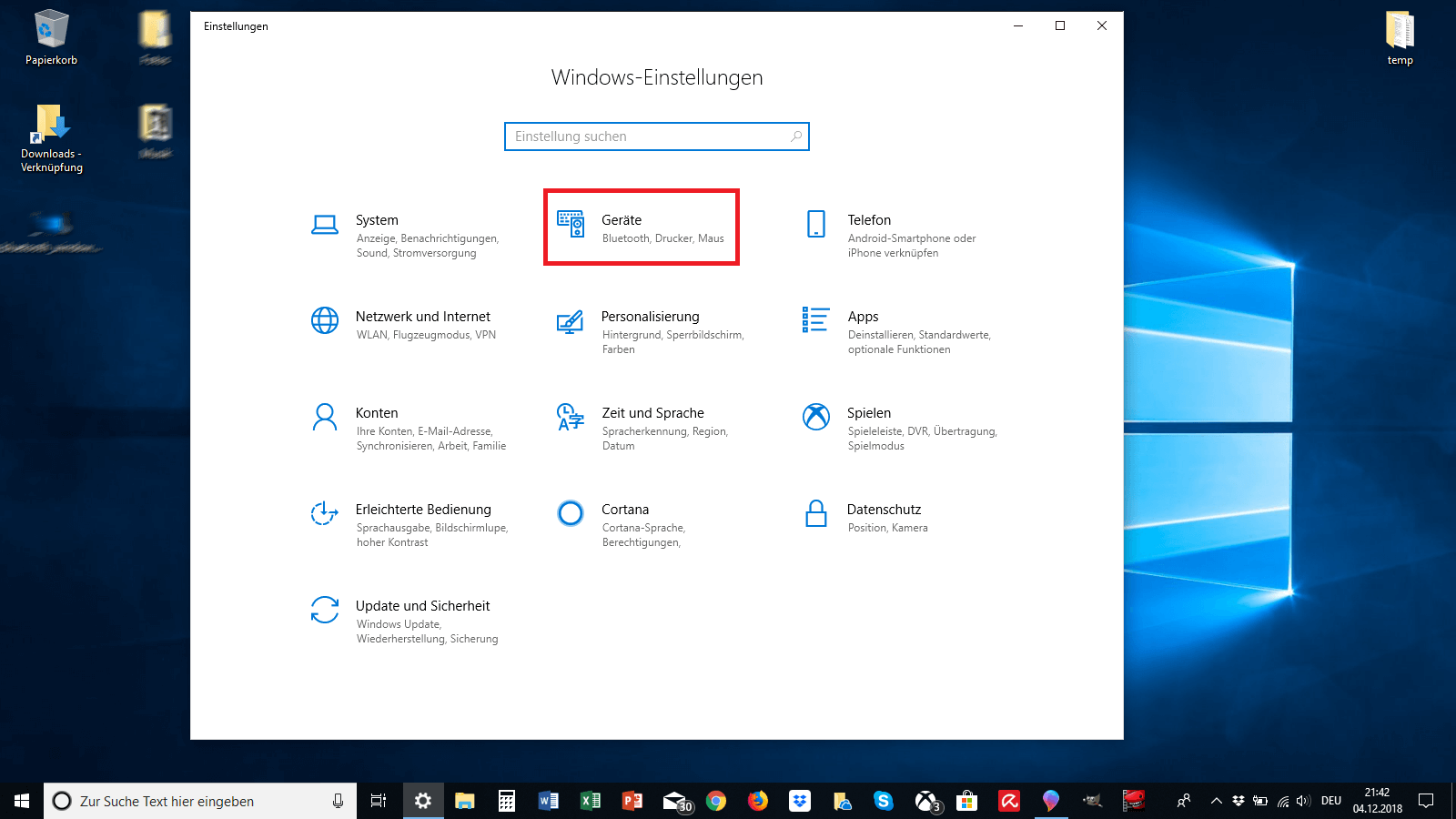 Einstellungen unter Windows 10