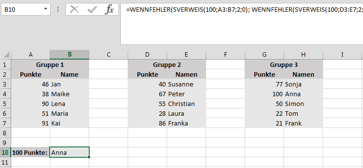 Kombination von mehreren SVERWEIS-Funktionen mithilfe von WENNFEHLER