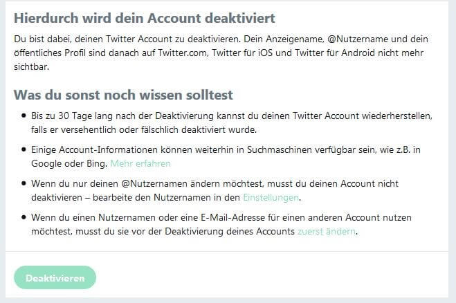 Hinweisbox zur Account-Deaktivierung auf Twitter