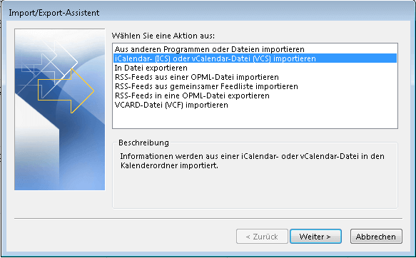 Import/Export-Assistent der Outlook-Desktop-App