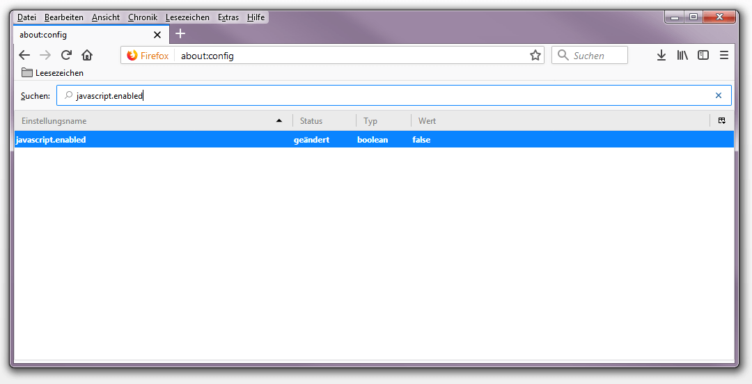 Der Konfigurationseditor des Webbrowsers Firefox: Die Einstellung „javascript.enabled“
