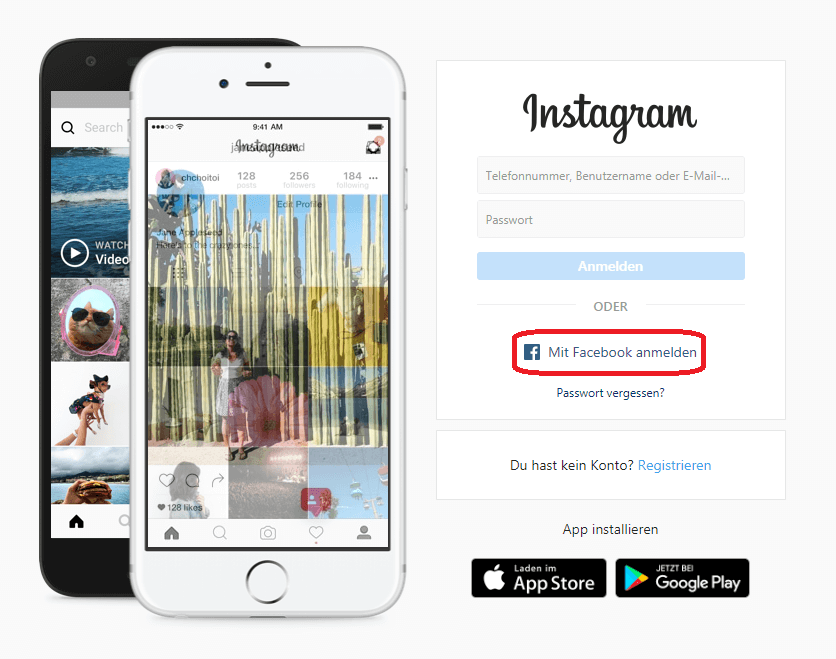 Button „Mit Facebook anmelden“ auf der Homepage von Instagram