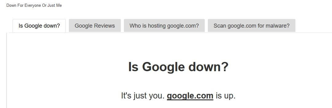 Onlinetool „Down For Everyone Or Just Me“: Ergebnis für google.com
