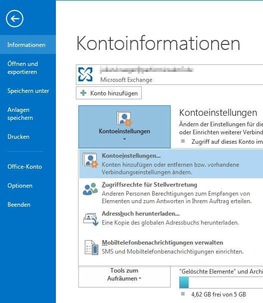 Outlook 2013: Kontoinformationen