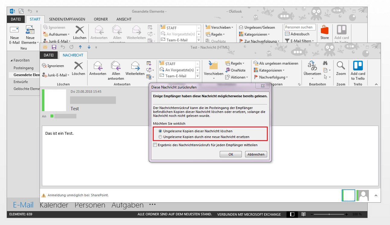 Outlook 2013 unter Windows 7: Auswahlmenü der Rückruf-Option