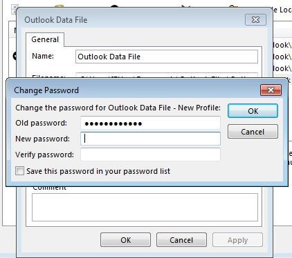 Outlook-Datendatei: Menü für den Passwortwechsel