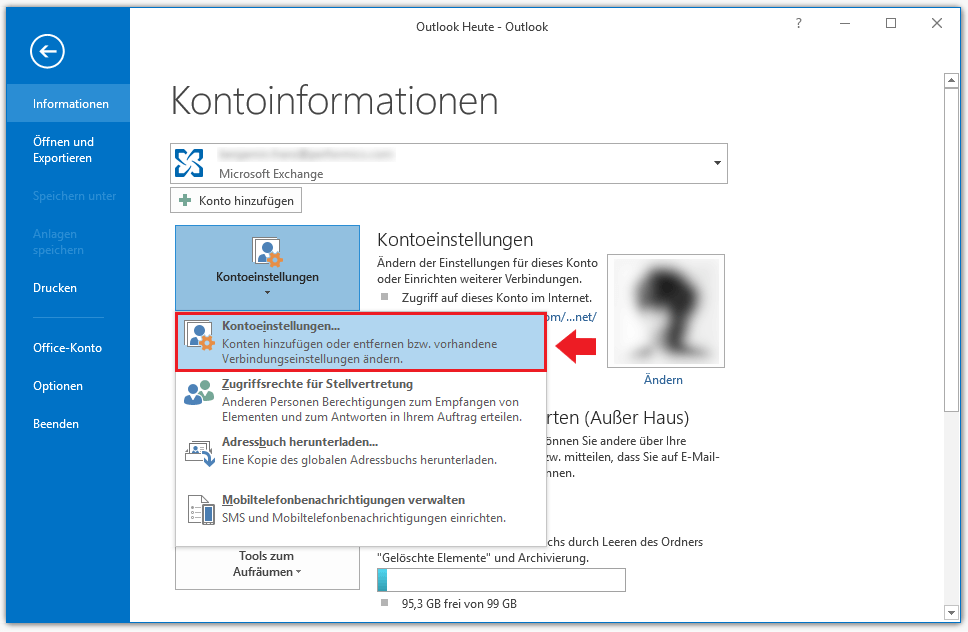 Outlook Desktop-App: Kontoinformationen im Reiter „Datei“
