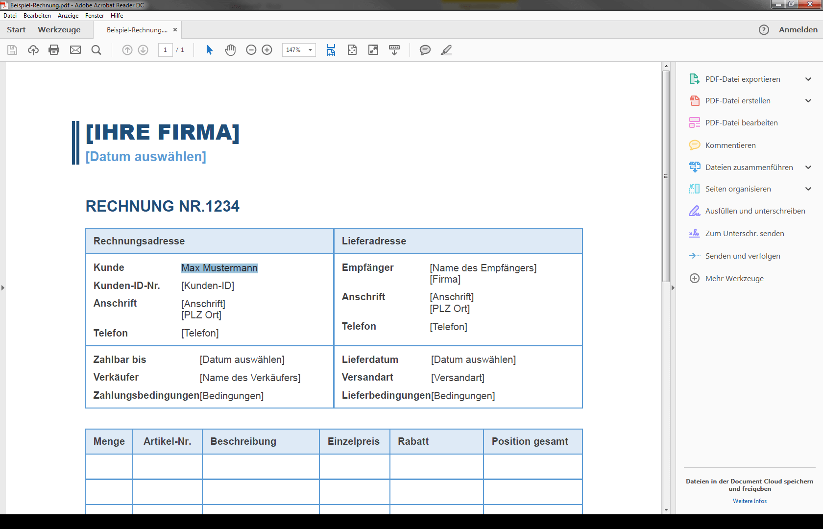 Beispiel-Formularvorlage „Rechnung“ als PDF abgespeichert