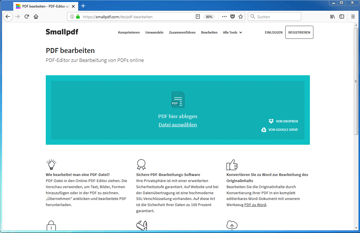 Screenshot der Webseite von Smallpdf, auf der PDF-Dateien online bearbeitet werden können.