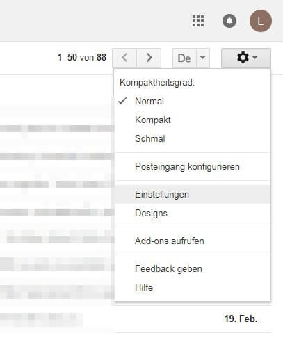 Screenshot des Einstellungs-Drop-down-Menüs in Gmail