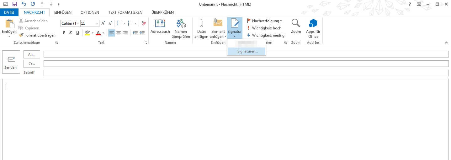 Screenshot einer Blanko-Nachricht in Outlook mit angewählter „Signatur“-Schaltfläche