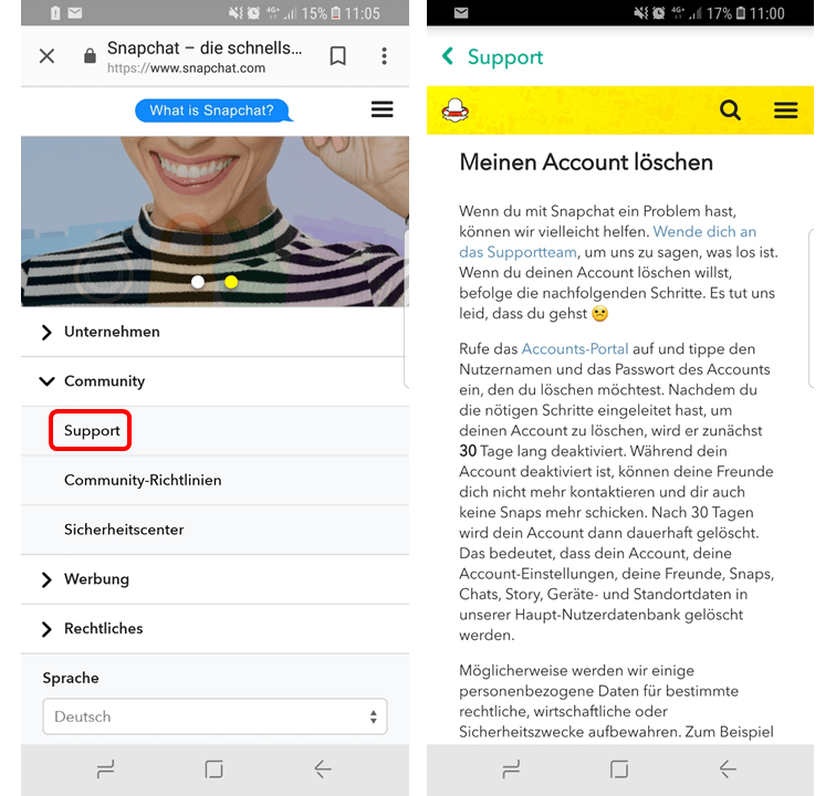 Snapchat account löschen