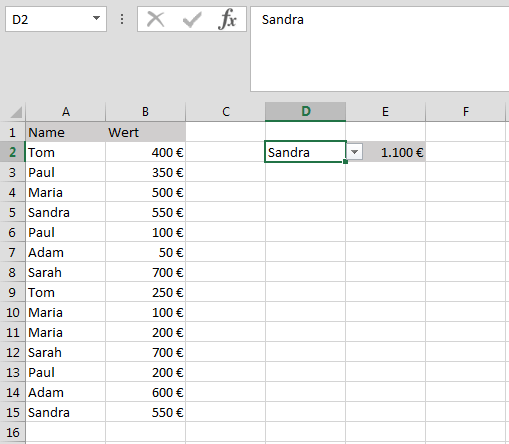 Excel mit Kombination aus SUMMEWENN und einer Drop-down-Liste