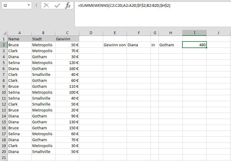 SUMMEWENNS-Funktion in Excel