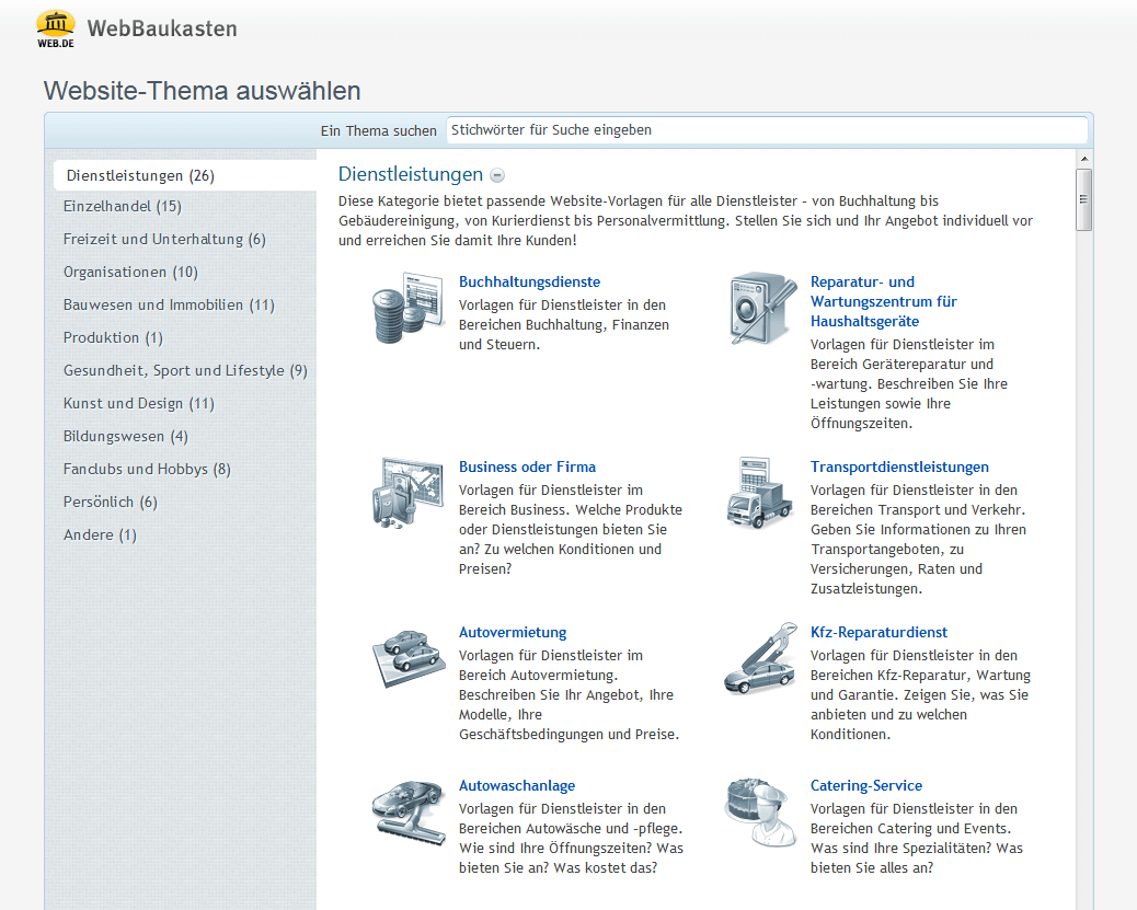 Screenshot des WebBaukastens von Web.de