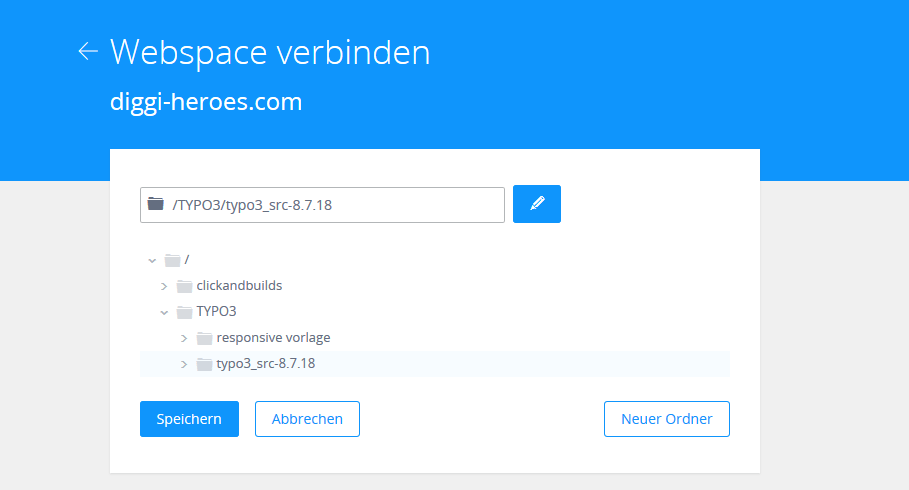 Webspace-Verzeichnis-Explorer mit Pfad zur TYPO3-Installation