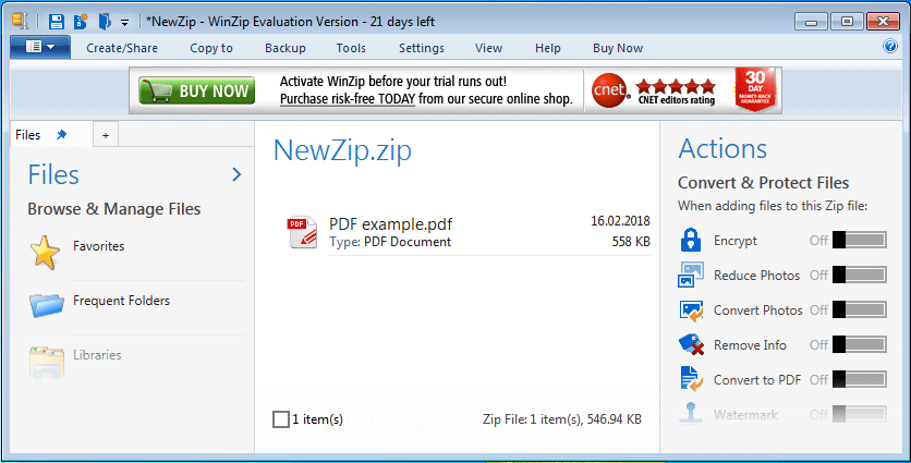 Menüfenster von WinZip, indem eine PDF-Datei zur Komprimierung ausgewählt wurde
