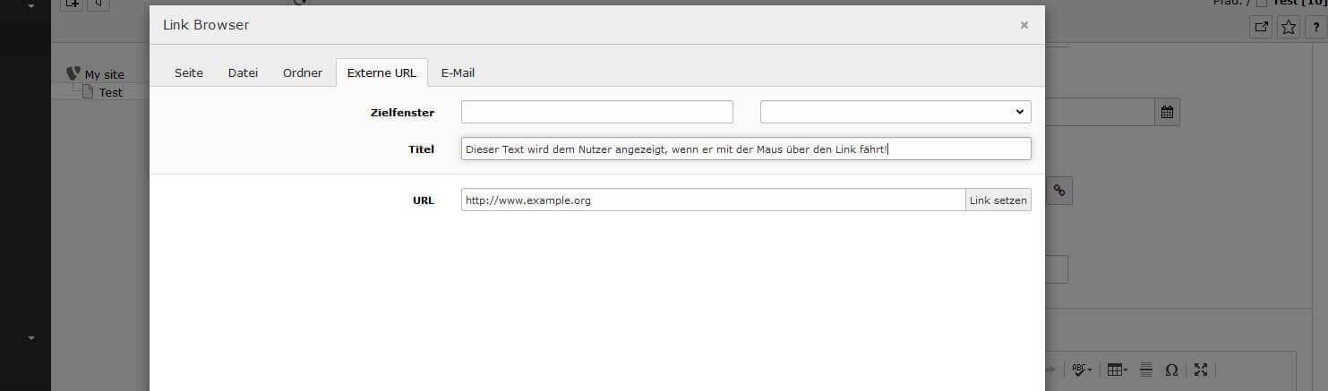 TYPO3 Link Browser: „Externe URL“