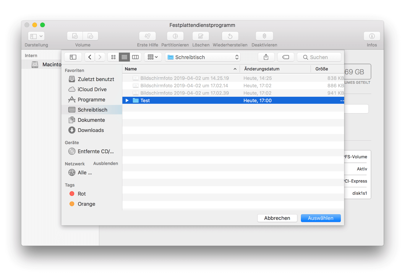 macOS-Festplattendienstprogramm: Auswahl des Dateiordners
