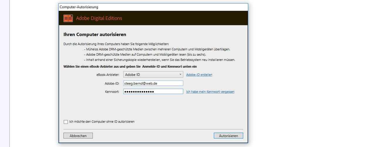 Adobe Digital Editions: Windows-Computer-Autorisierung