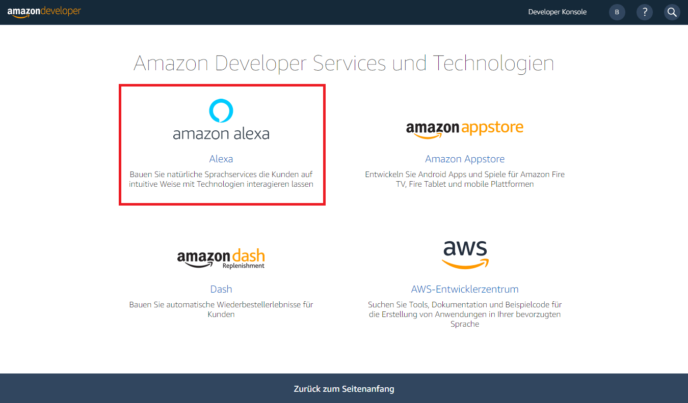 Amazon-Developer-Konsole: Service-Übersicht