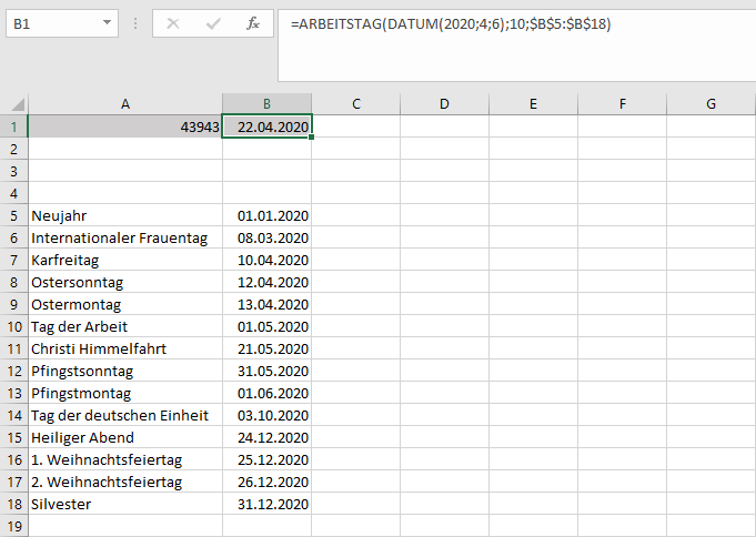 ARBEITSTAG-Funktion in Excel mit Liste an Feiertagen
