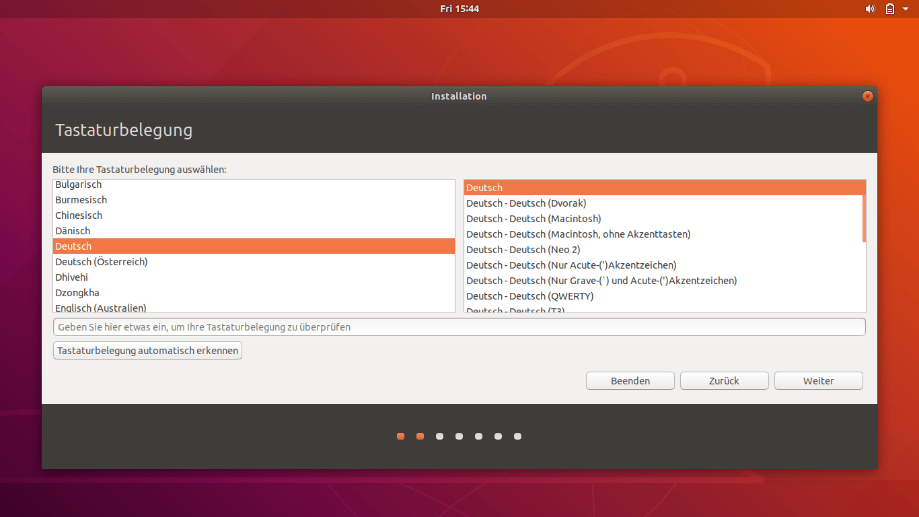 Auswahl der Tastaturbelegung bei Ubuntu-Installation bestätigen
